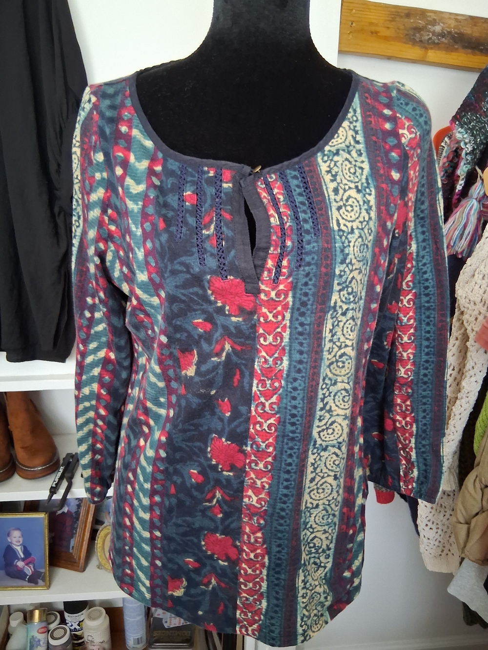 Ralph Lauren Navy, Red and Cream Floral-Striped Scoop Neck Top